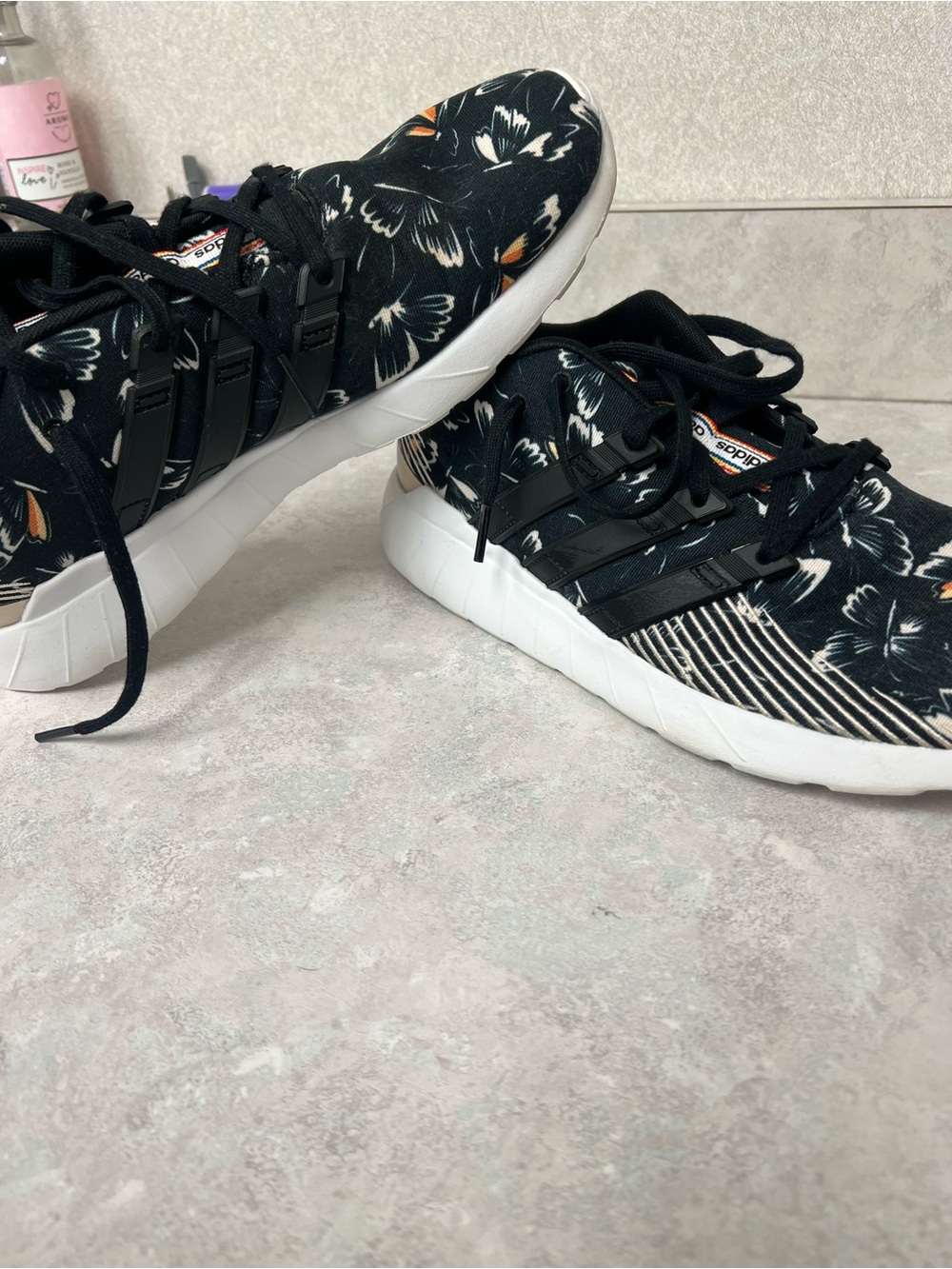 Adidas Women's Black Floral Athletic Sneakers with Orange Accents